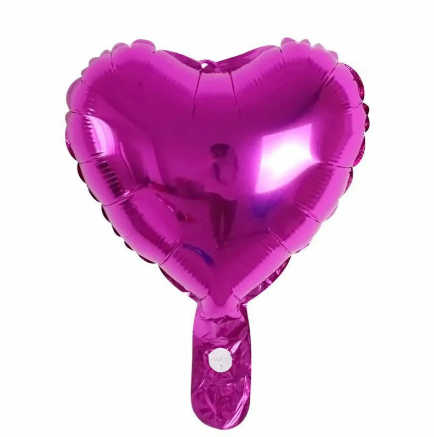 Set of five metallic peach heart shaped aluminium foil balloons in red, blue, and silver colours.