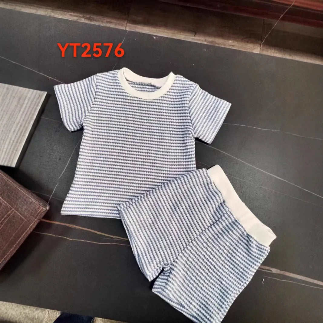 Baby and infant cotton striped short sleeve top and shorts suit in blue, green, and khaki colour options