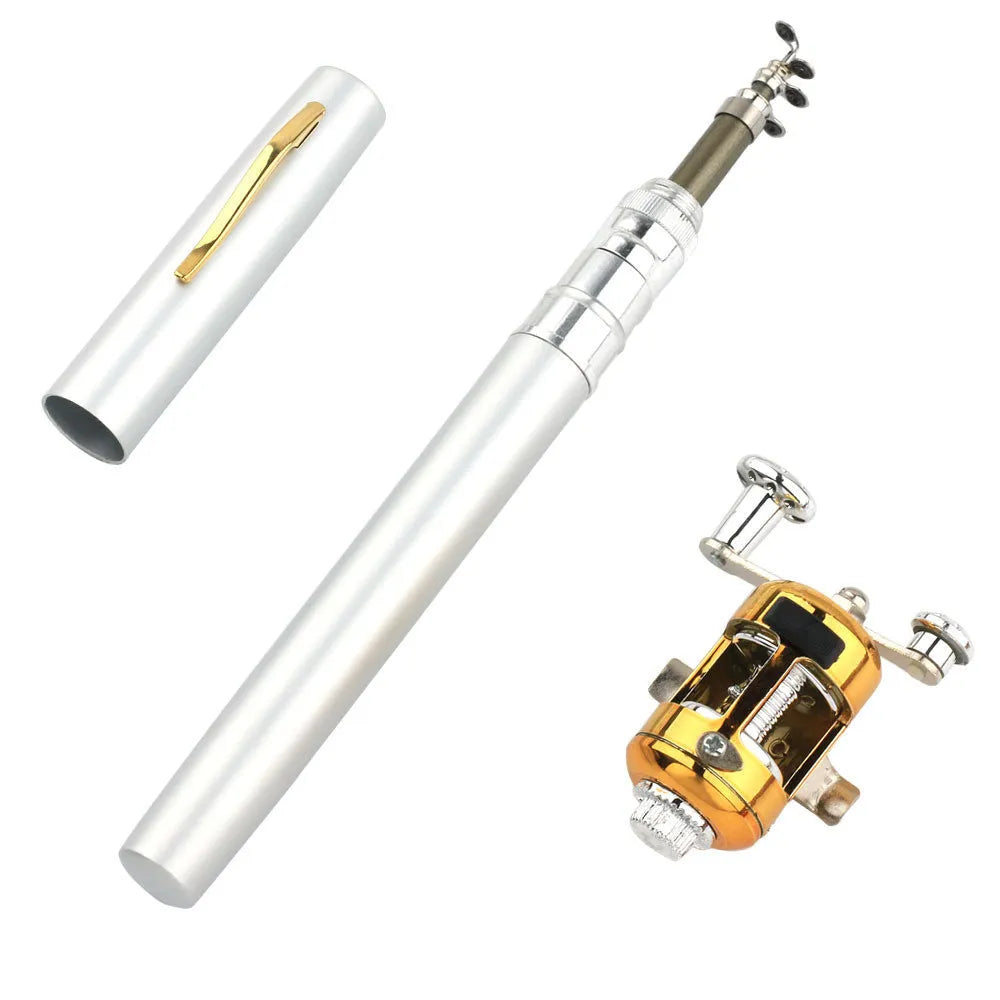 Gold telescopic fishing rod extended to 1 metre with ST5RL drum alongside collapsed rod in aluminium case