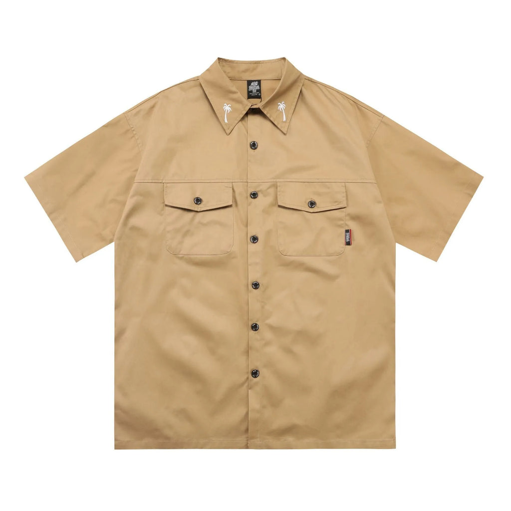 Men's black cotton blend work shirt with half sleeves and embroidered detailing, loose fit design