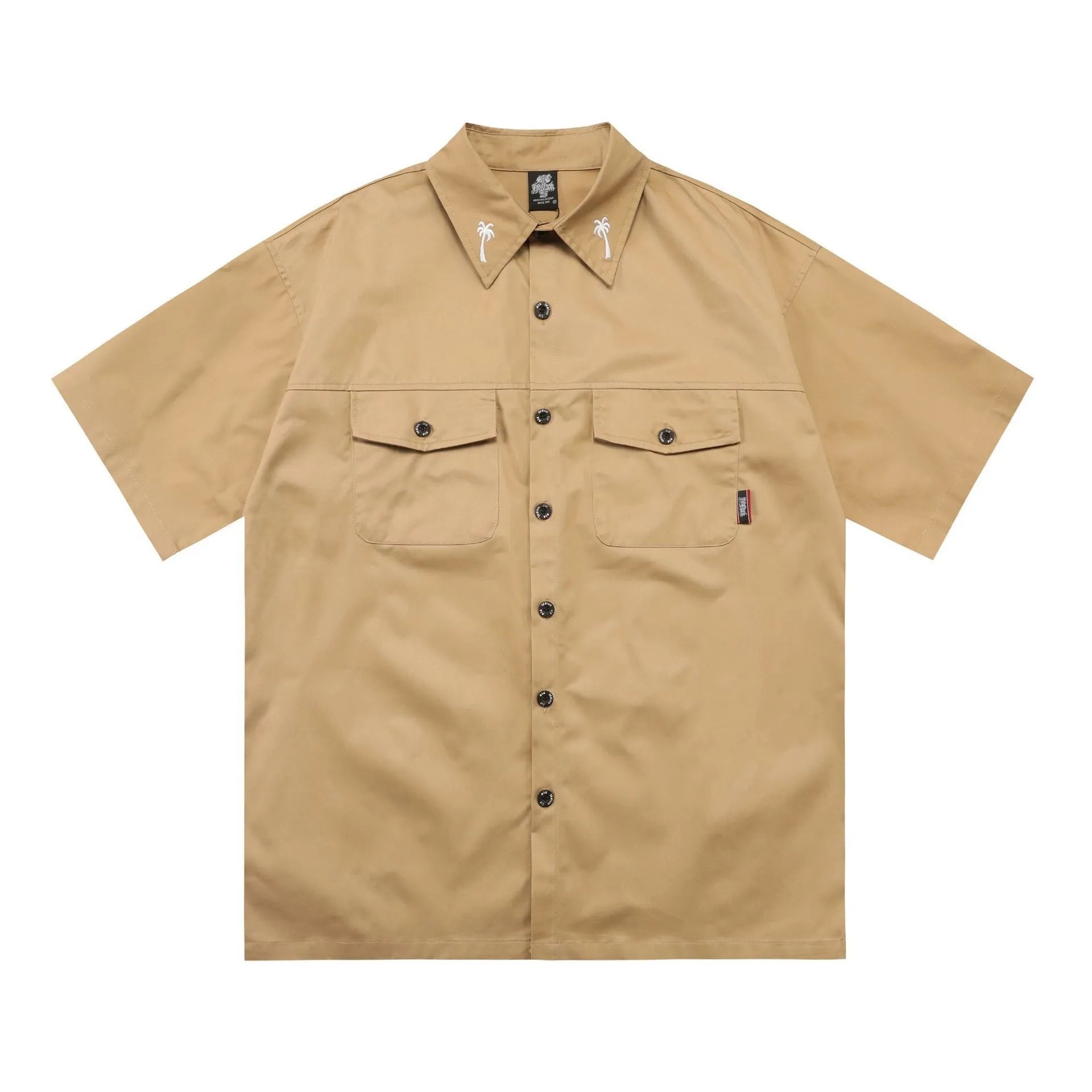 Men's black cotton blend work shirt with half sleeves and embroidered detailing, loose fit design