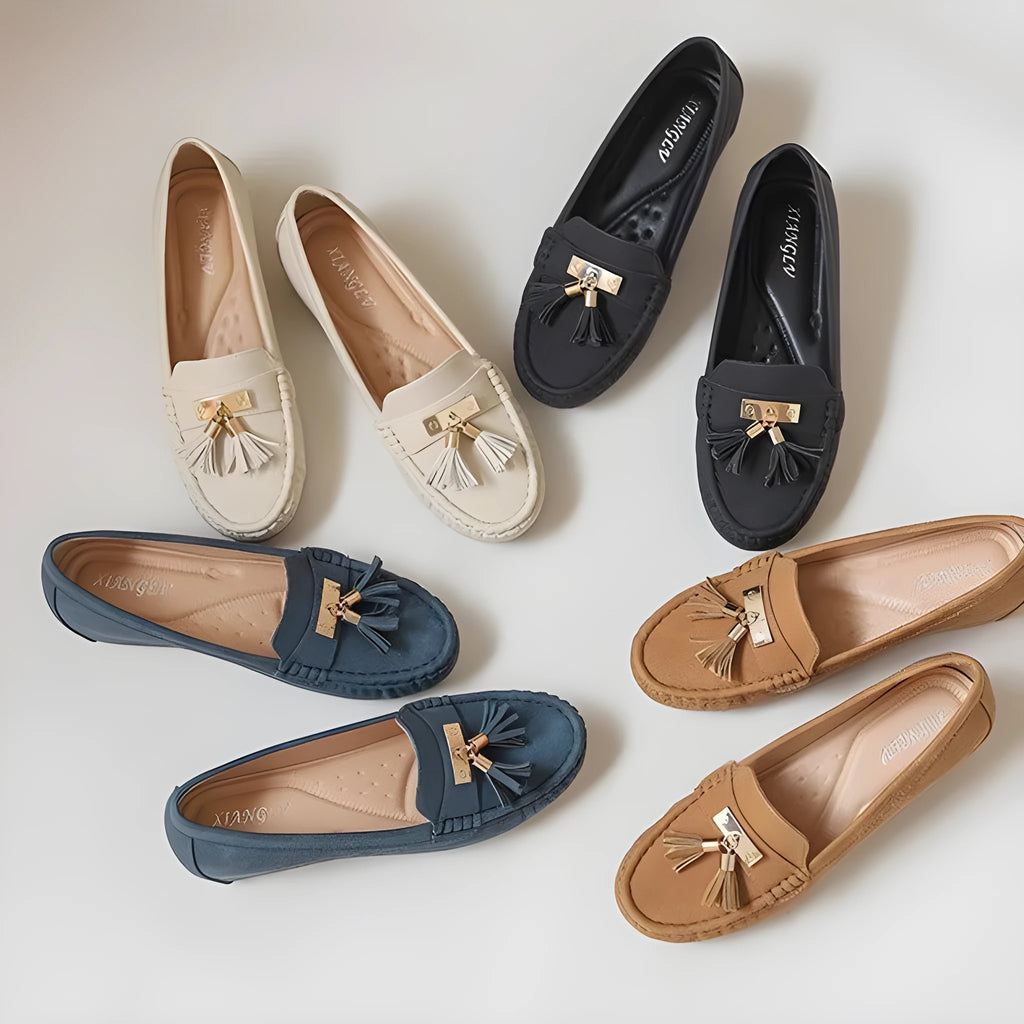 Nude-coloured height increasing shoe insole with round toe and TPR sole, shown next to a flat shoe.