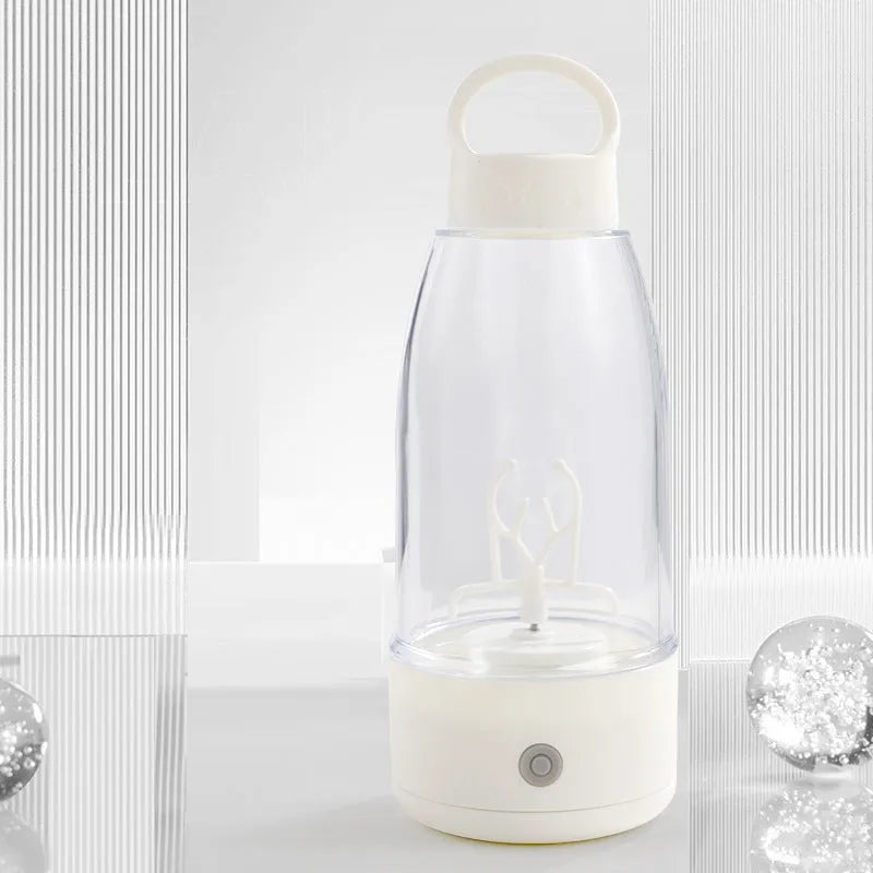 Automatic electric shaker bottle in green with USB charging port and handle.