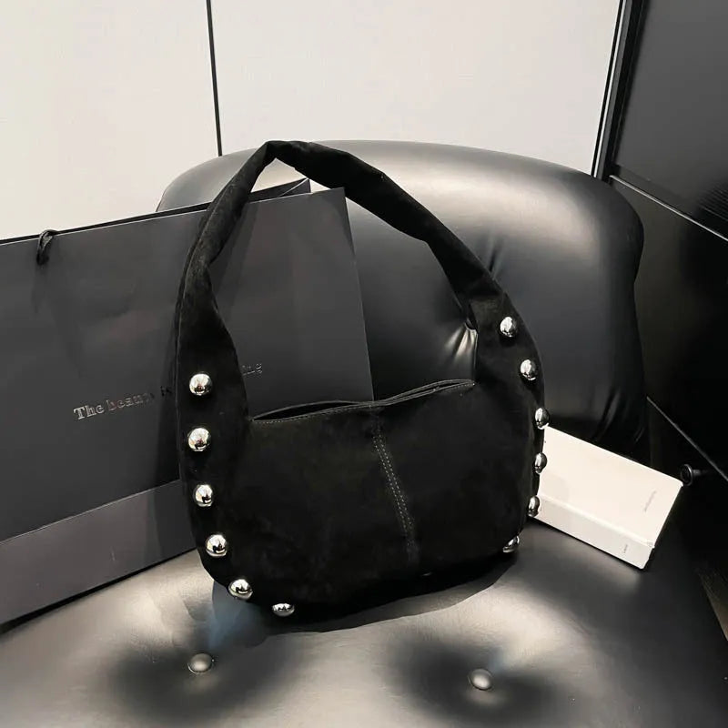 European and American style suede rivet underarm handbag in coffee colour with stitching and contrast detail