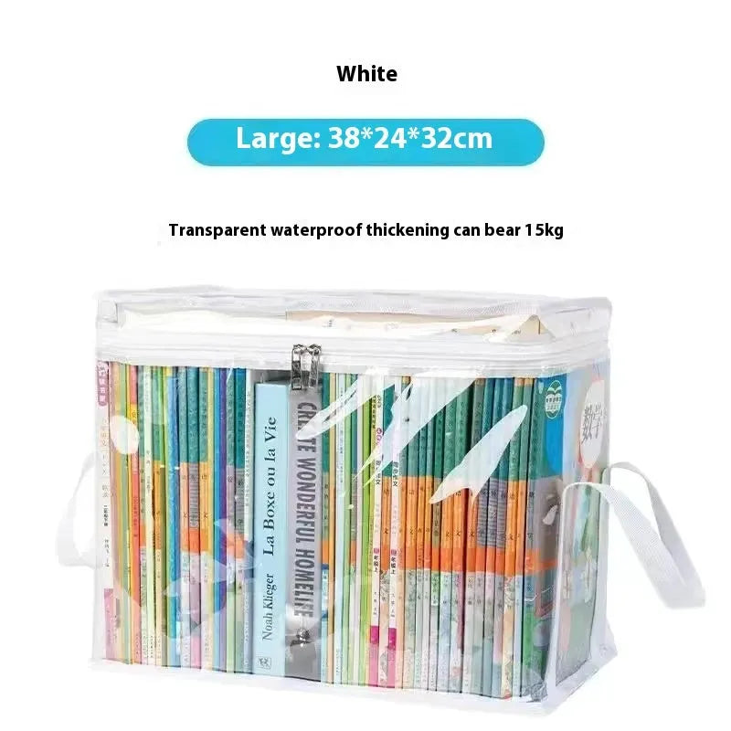 Large transparent foldable PVC storage bag showing inside, with sealing zip and dimensions 38x24x32cm.