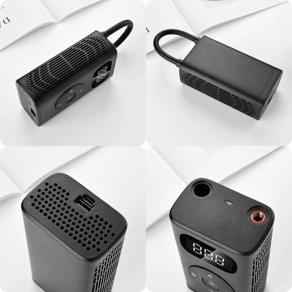 Black M09X portable power bank tyre inflator with 16cm tube next to car and motorcycle tyres