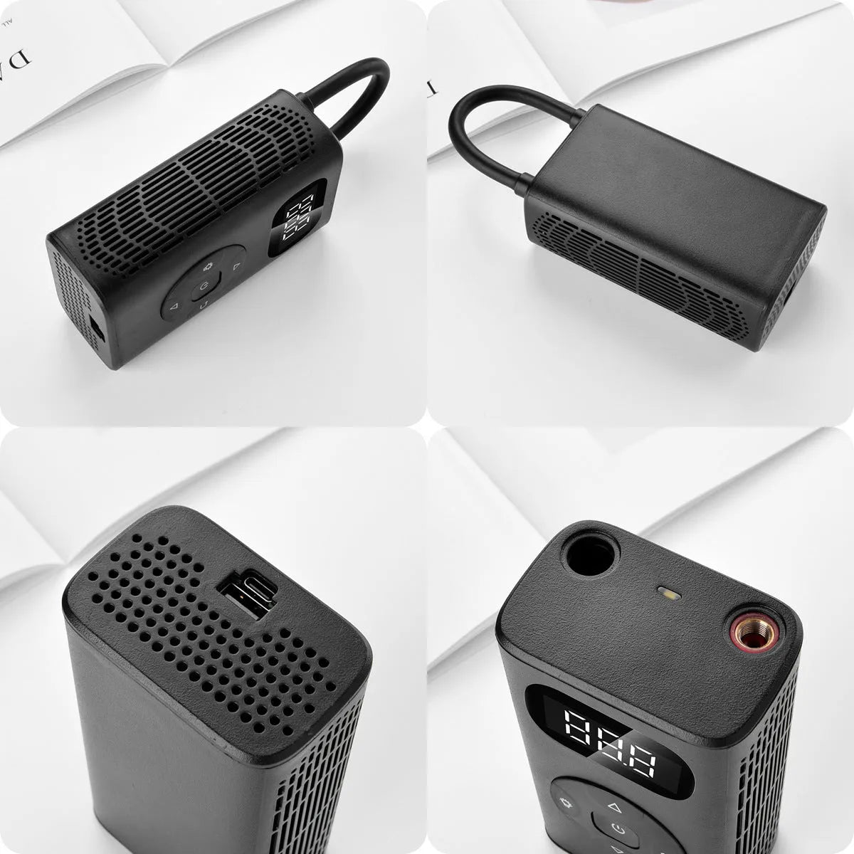 Black M09X portable power bank tyre inflator with 16cm tube next to car and motorcycle tyres