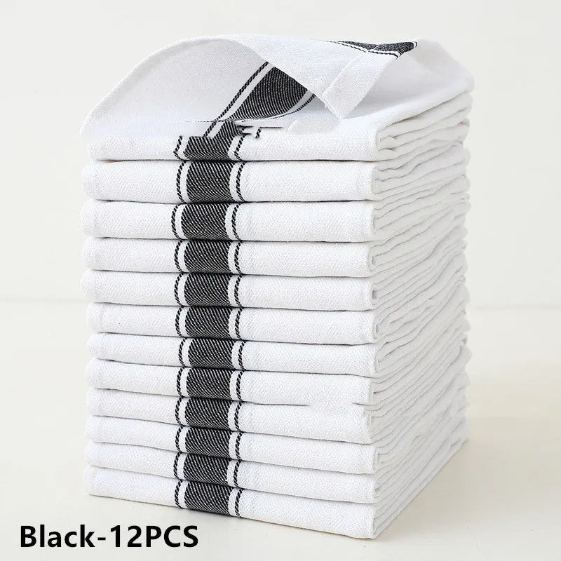 Cotton striped dishwashing towels measuring 48x70 cm in a 12-pack set showing colour variations