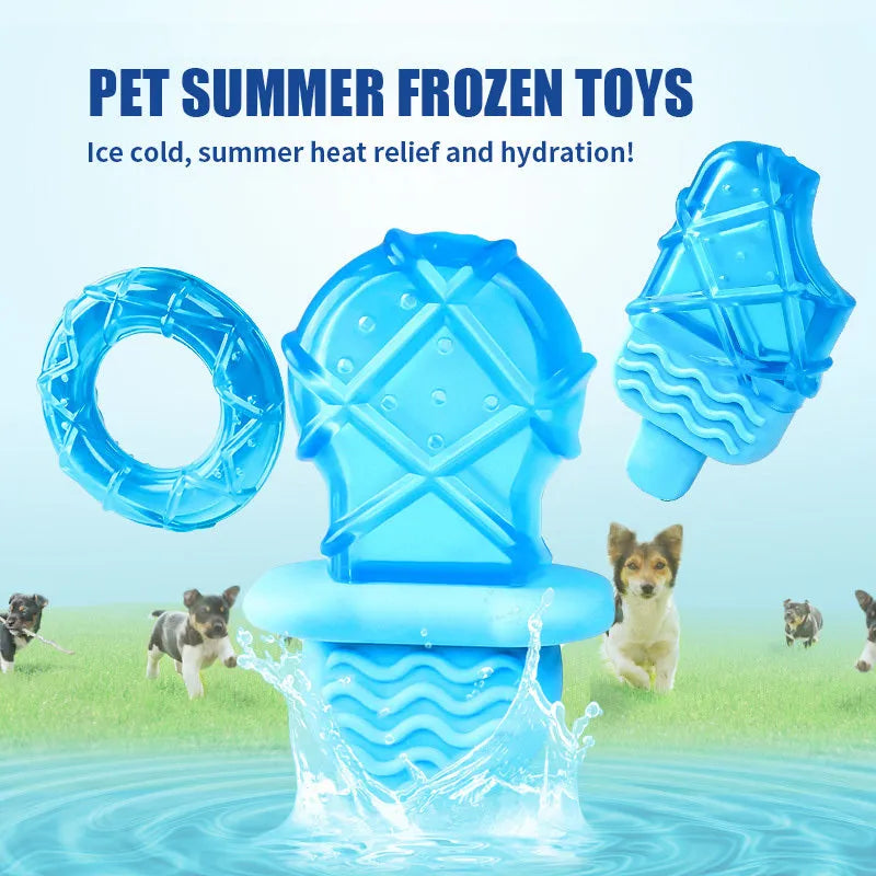 Set of three dog toys: a silicone pacifier, a freezable popsicle, and a silicone ring for cooling and chewing.