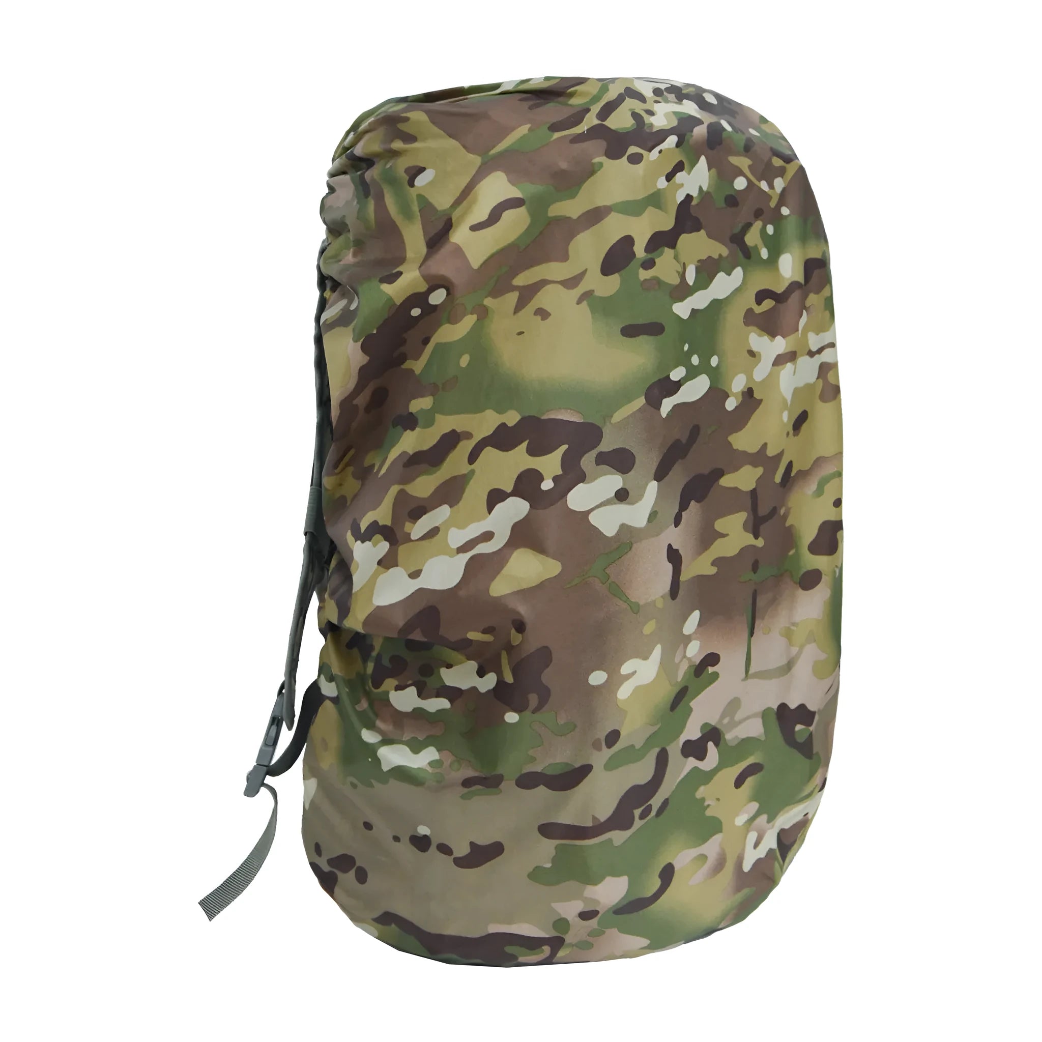 Army green waterproof backpack rain cover shown alongside a large hiking backpack.