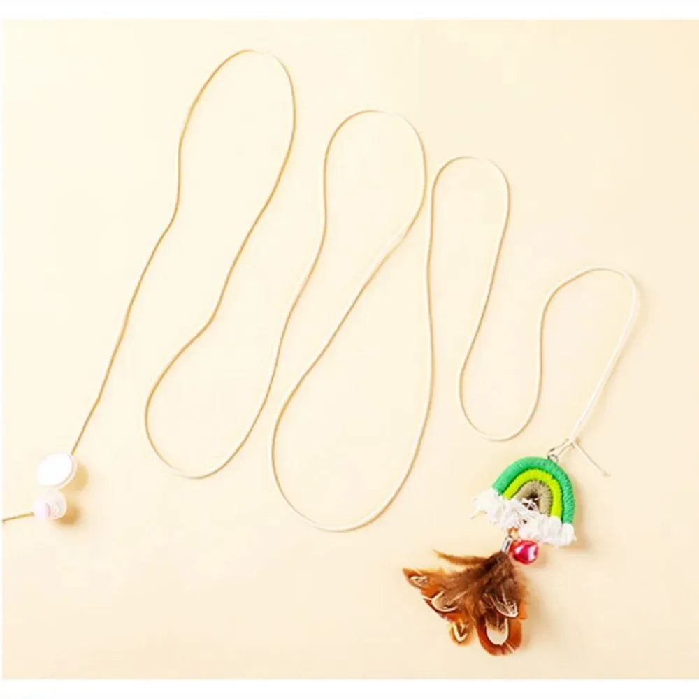 Feather cat rope door swing toy with elastic cord and sticky buckle clamp in blue, green and pink colours