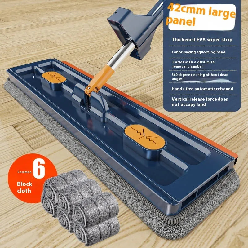 Large flat mop with long stainless steel handle and blue/white cloths on a hard floor.
