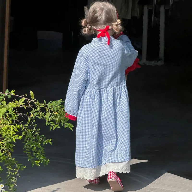 Blue plaid overknee long cotton dress for girls with button front, available for heights 90-130cm