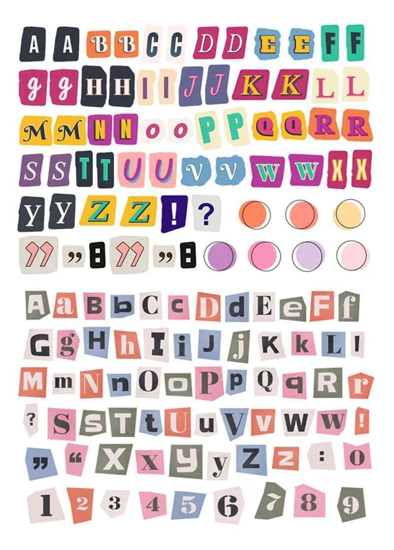 English letters and numbers symbol label stickers with alphabet sets and week words