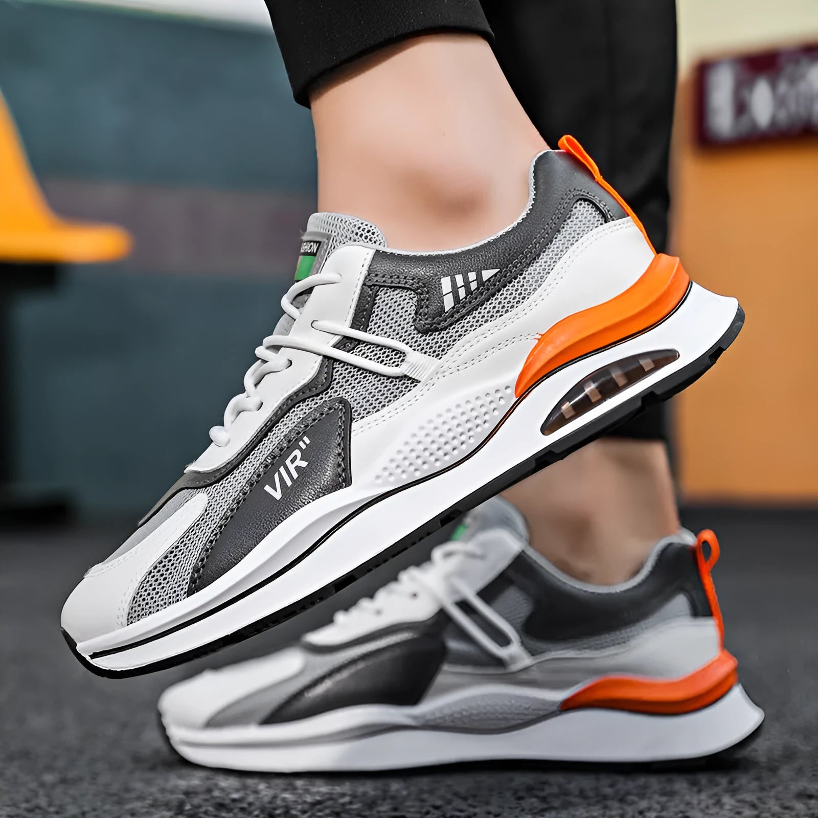 Men's grey and black mesh running shoes with round toe and lightweight EVA sole for summer jogging