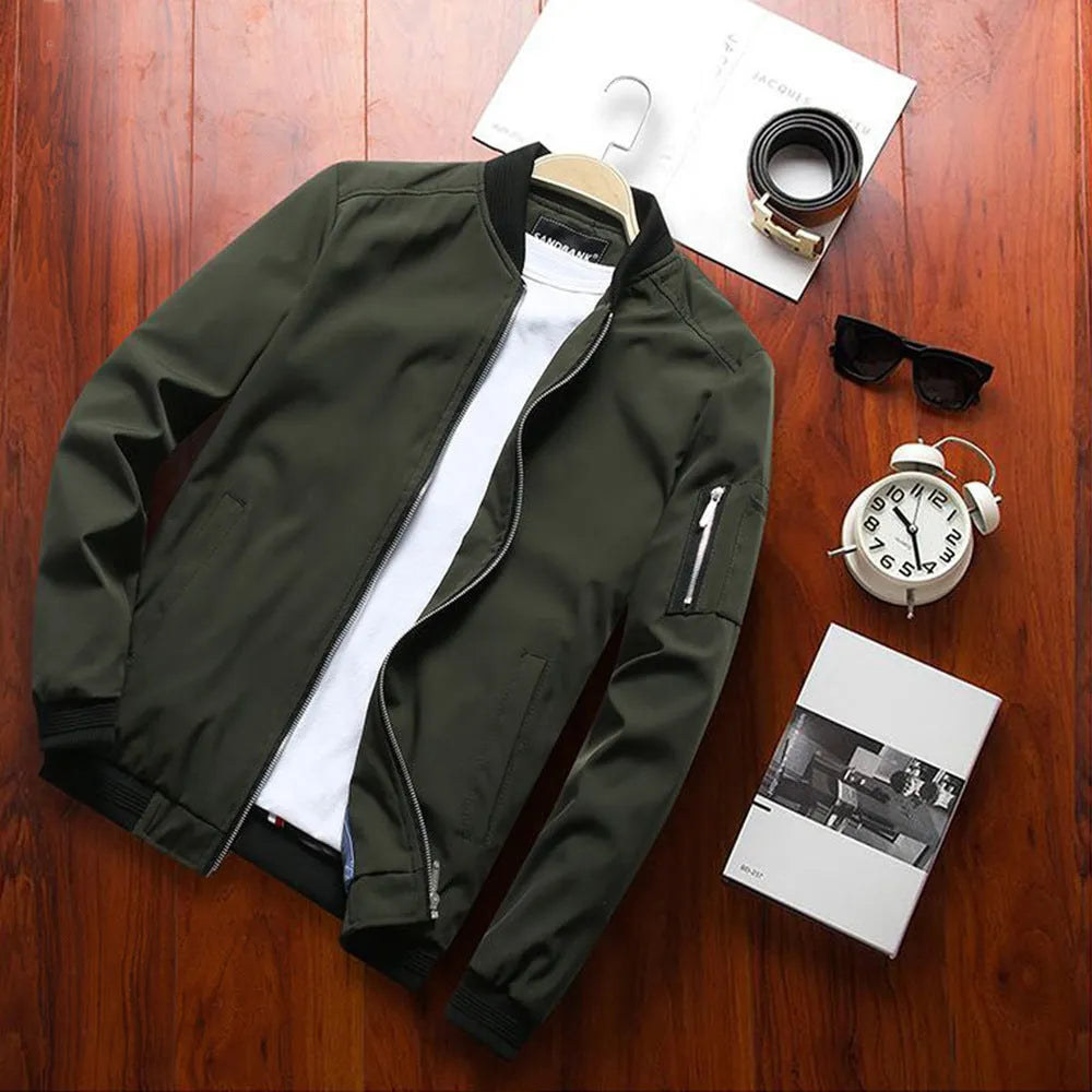 Men's slim-fit red casual zip-up jacket with stand collar and lateral seam pockets.