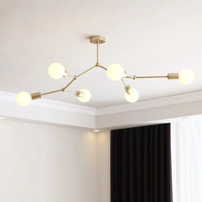 Nordic style iron ceiling chandelier with multiple black heads against a white background.