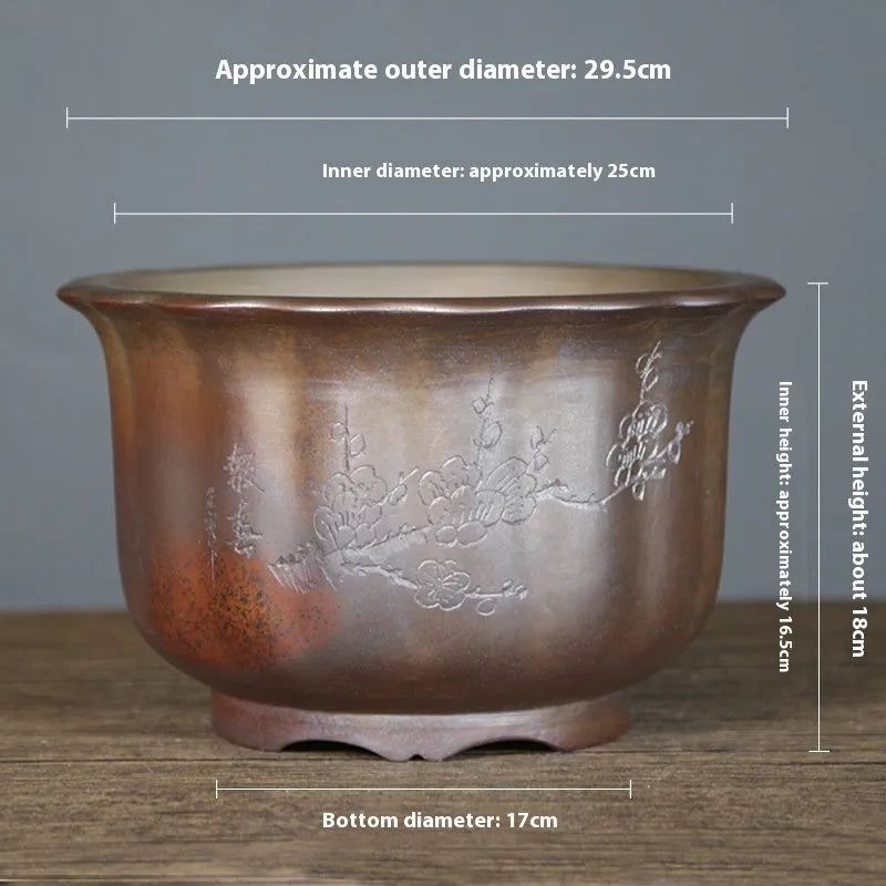 Purple sand ceramic flowerpot with antique carved wood burning design for bonsai plants
