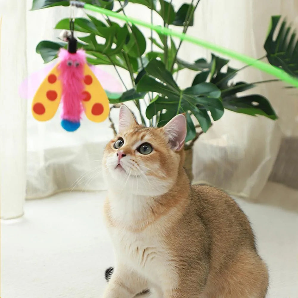Blue cat wand toy with a dragonfly-shaped attachment and bell on a 49cm stick