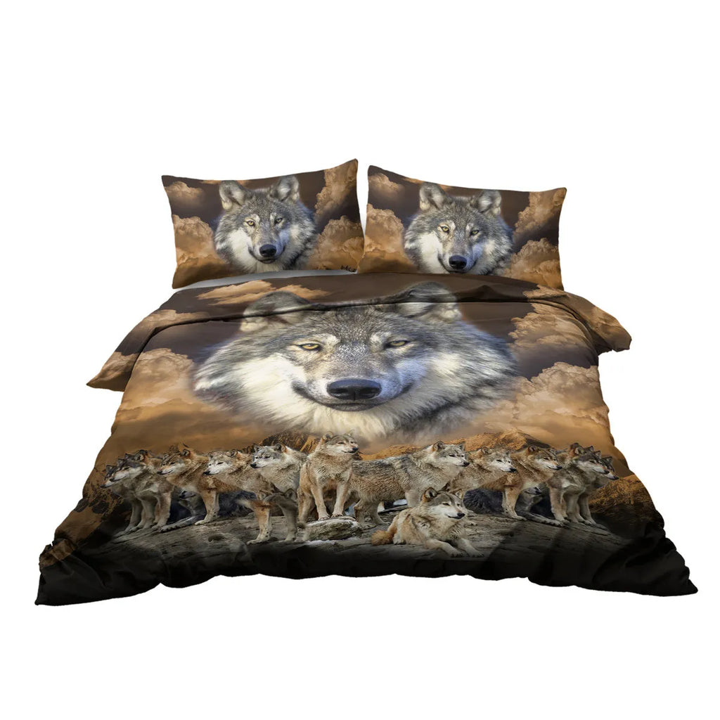 Brown 3D printed wolf pack duvet set with two pillow shams on a bed