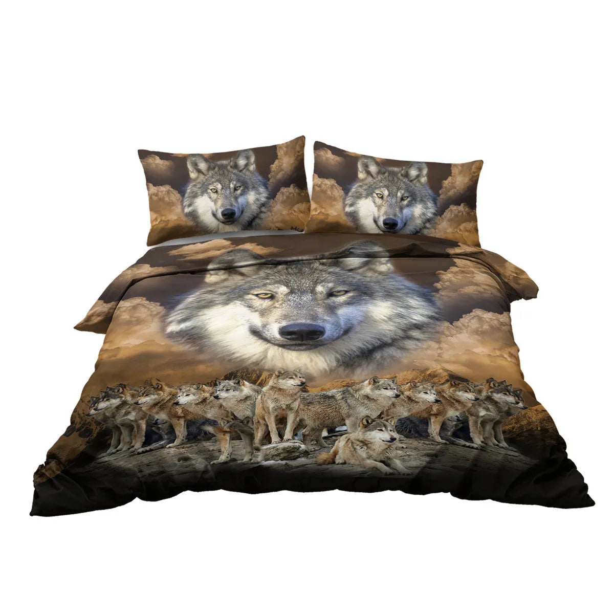 Brown 3D printed wolf pack duvet set with two pillow shams on a bed
