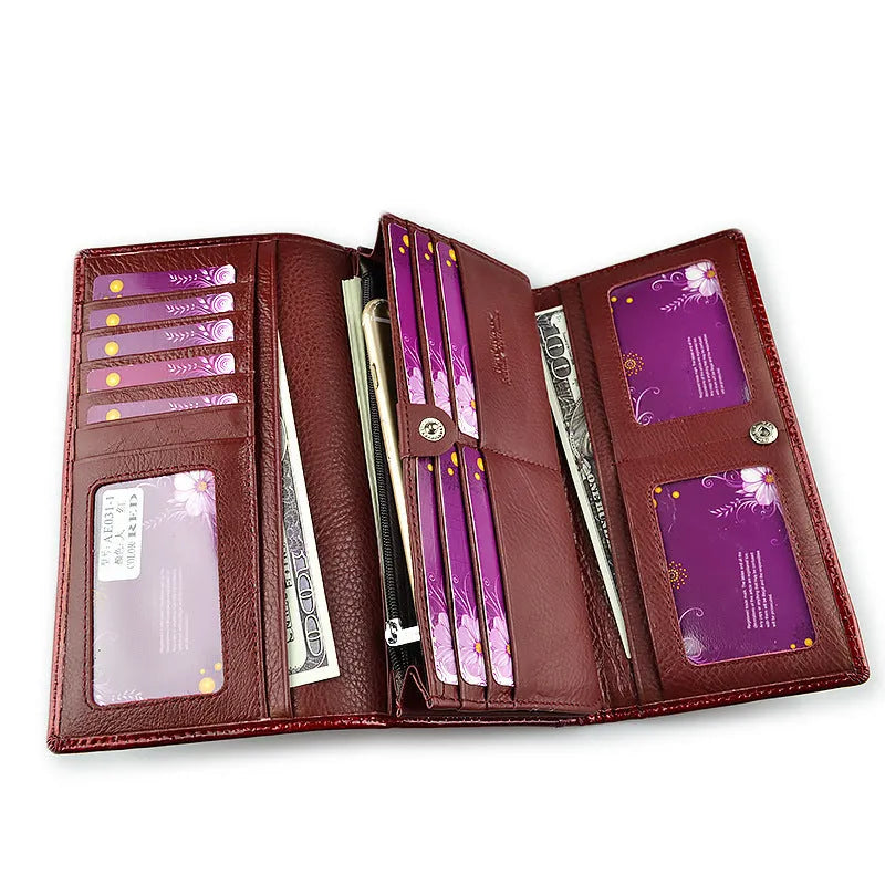 Women's genuine leather coin purse with crocodile pattern detailing in red, wine red, and black colour options