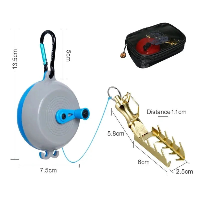 Fishing lure rescue tool with wheel mechanism and braided line for retrieving snagged baits