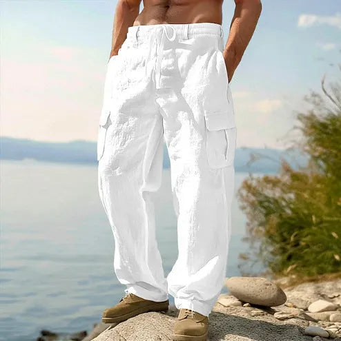 Men's cotton wide-leg casual trousers in seven colours with elastic mid waist