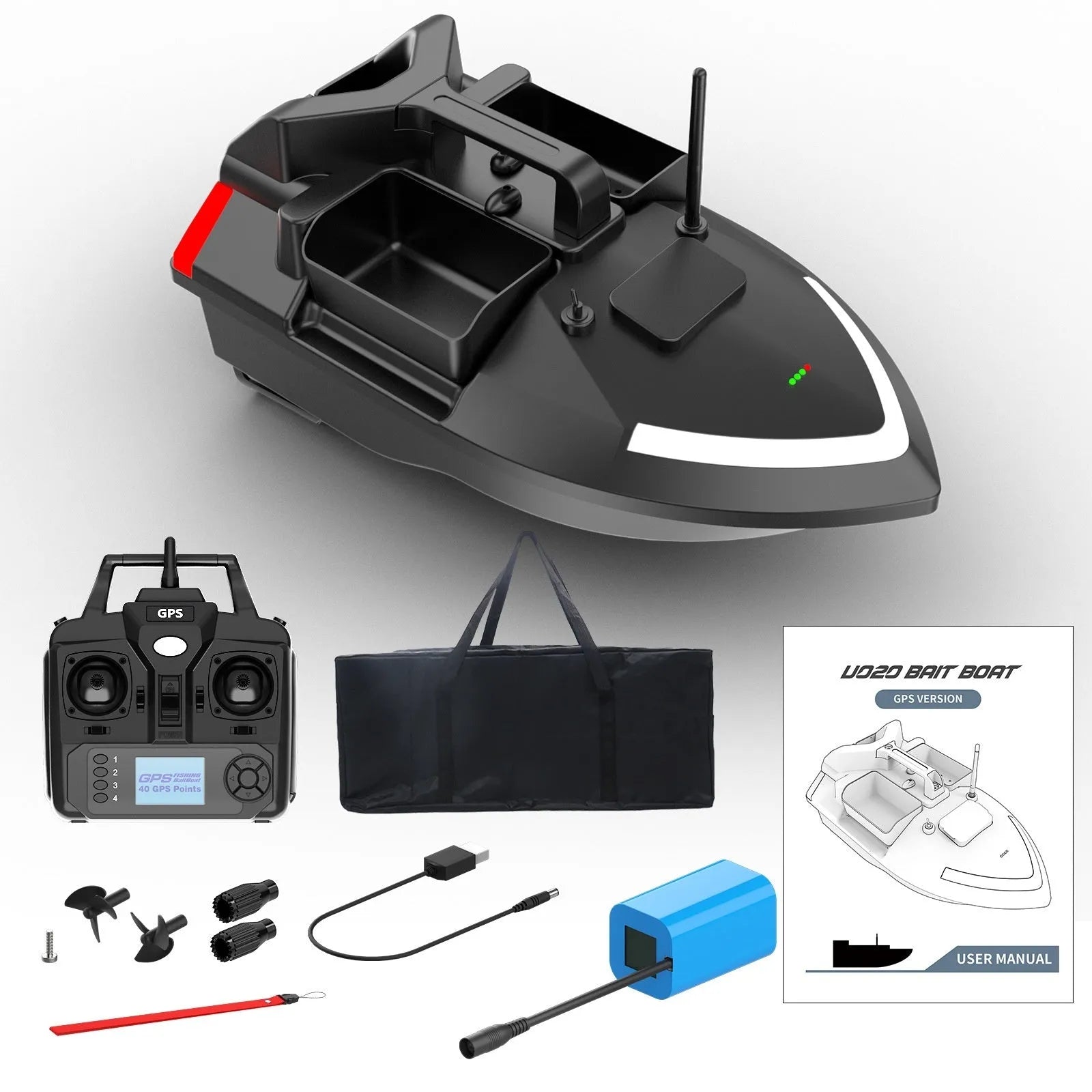 GPS remote control fishing boat in black with LED light and remote controller