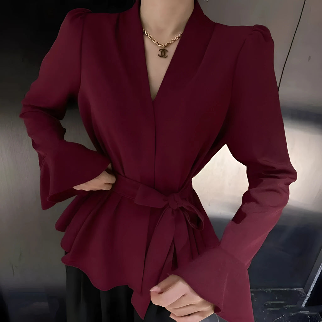 Women's French-style irregular collar tied shirt with bell sleeves in a choice of colours.