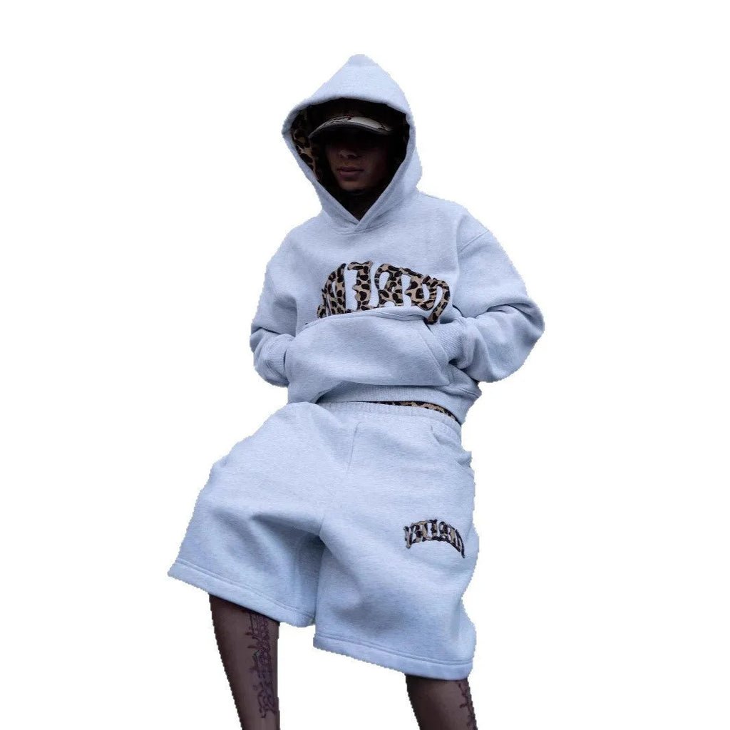 Black or light gray street casual three-piece set with leopard print letter embroidery on hoodie and trousers