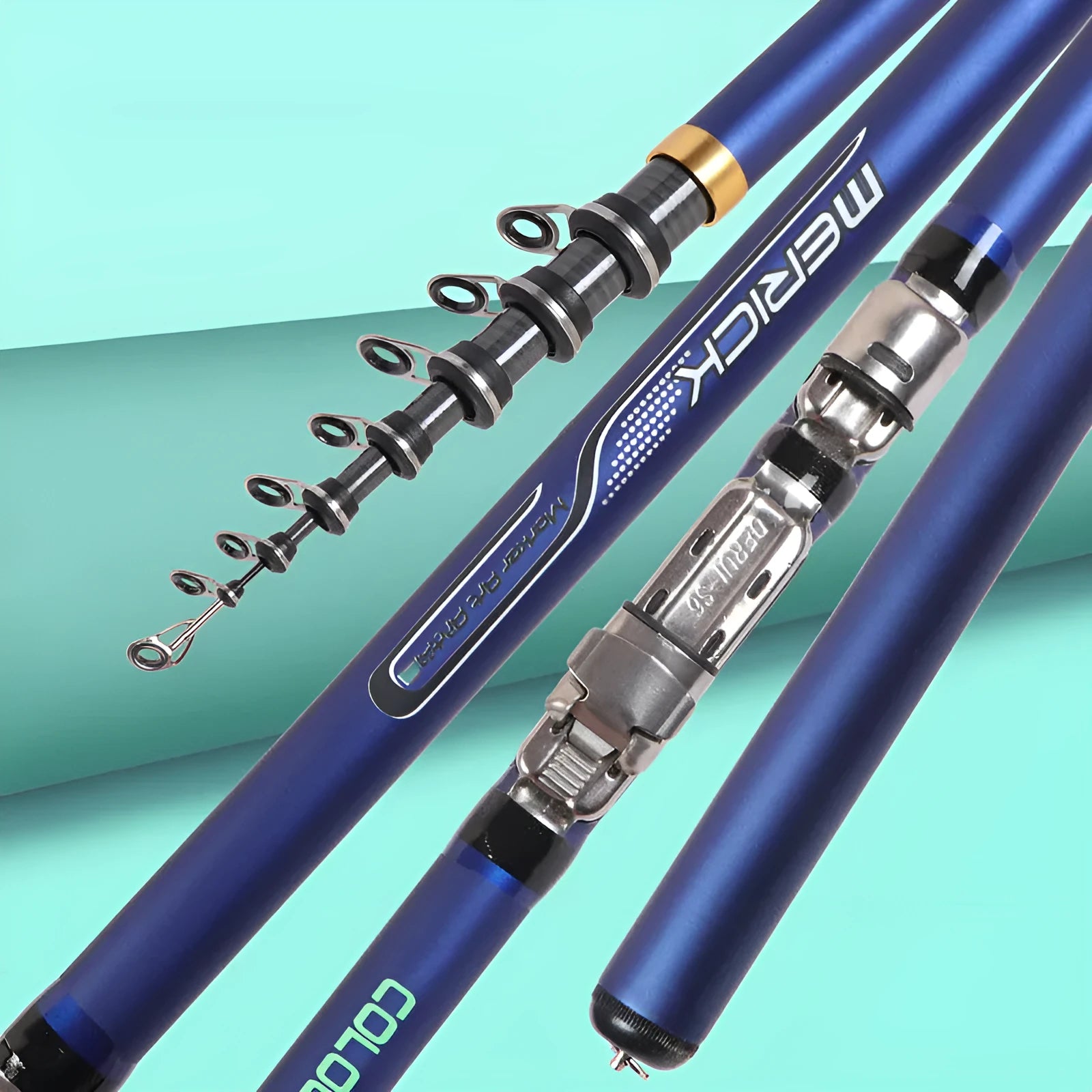 Blue carbon telescopic rock fishing rod extended showing full length against a neutral background