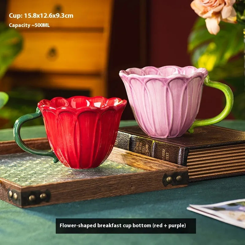 Red and purple ceramic breakfast cups with floral pastoral patterns, 500ml capacity.