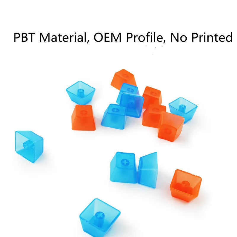 Transparent PBT keycaps set showing orange, white, blue, and black colours on mechanical keyboard