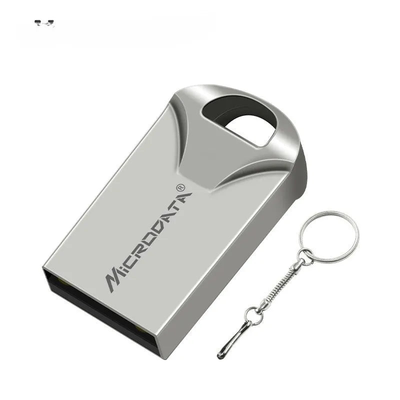 Small silver car-shaped metal USB flash drive on a chain necklace.