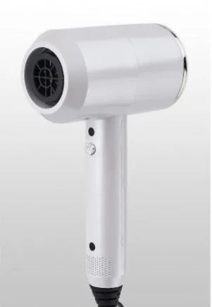 Hotel hammer hair dryer in grey with dual voltage 1800-2000W, three speeds, and two air nozzles plus diffuser