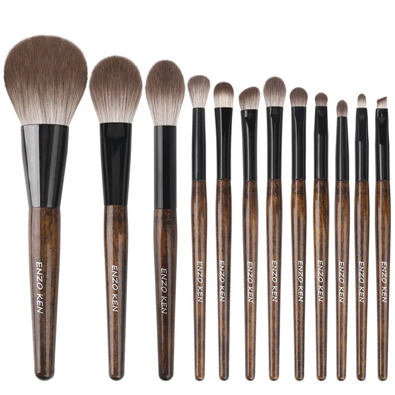 12-piece makeup brush set with wooden handles in portable PU brush roll