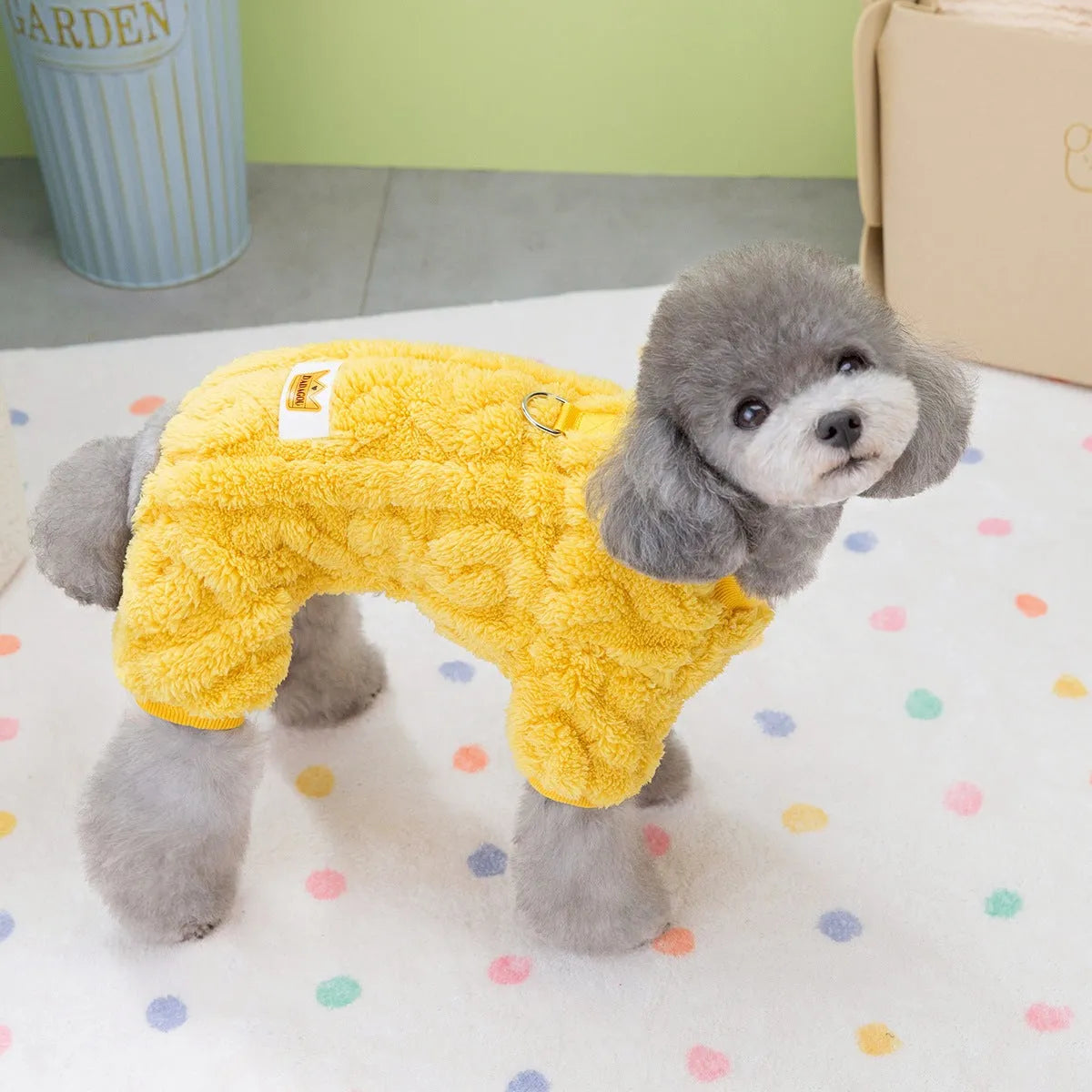 Four-legged dog fleece jacket in khaki on a small breed dog outdoors