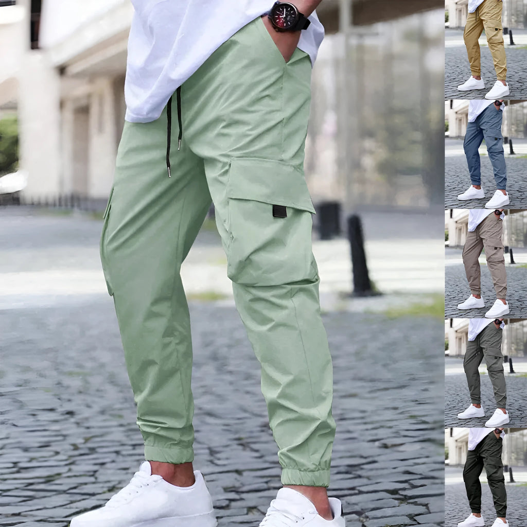 Workwear casual pants with drawstring elastic waist, solid colour, polyester fibre, skinny leg, black colour option