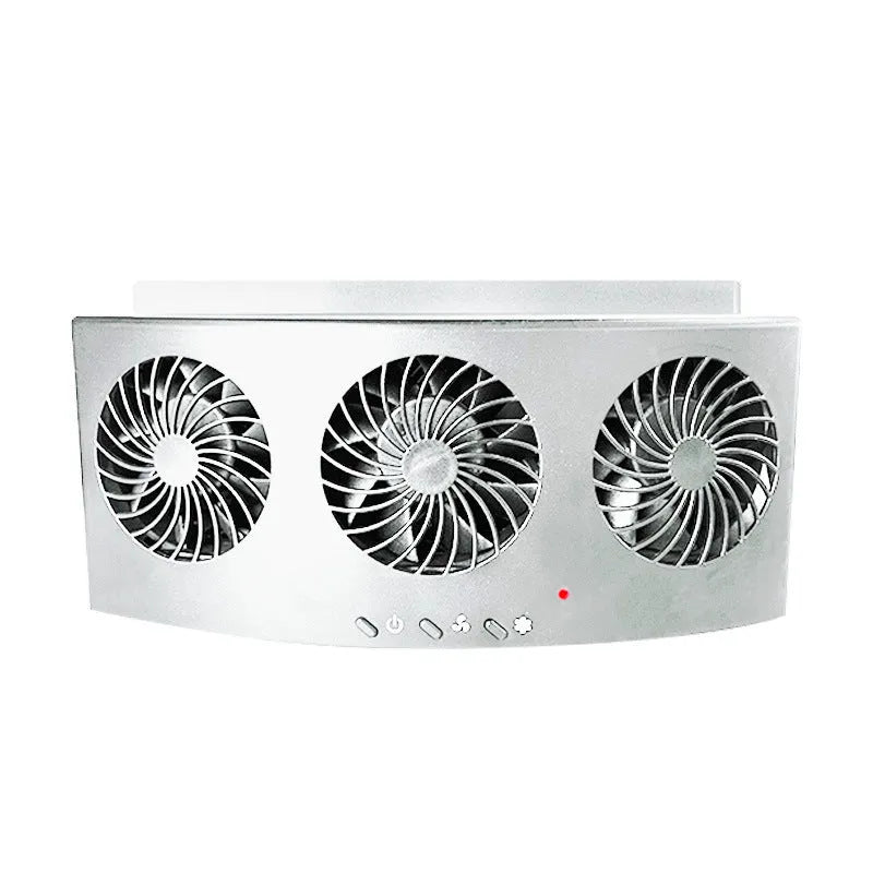 Black and white USB-powered car ventilation fan with compact rectangular design