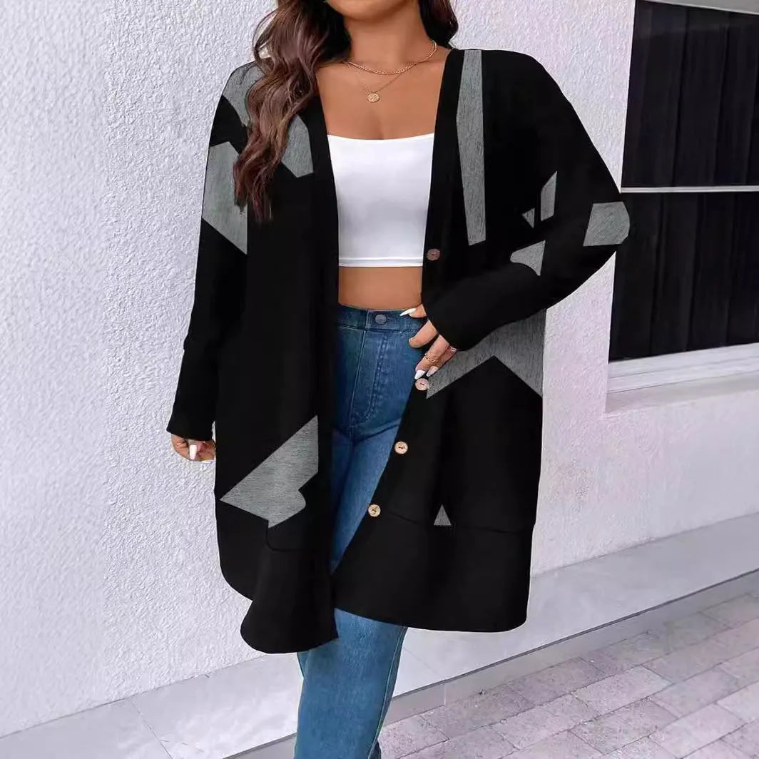 Black loose casual plus size cardigan with button stitching printing detail