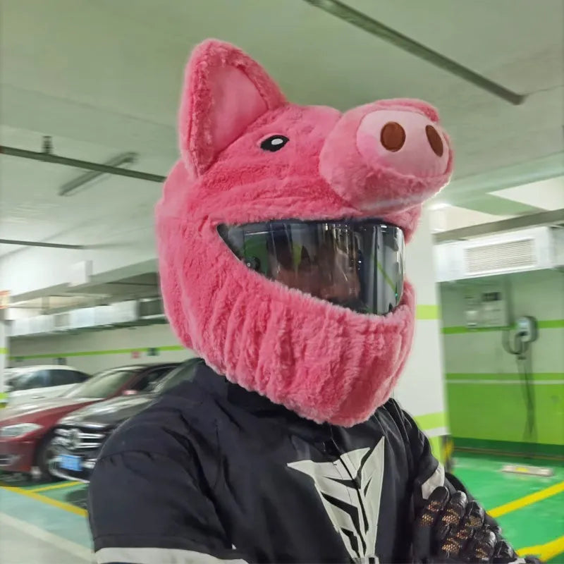 Pink pig cartoon plush helmet protective hood for motorcycle helmets made from PV velvet cloth