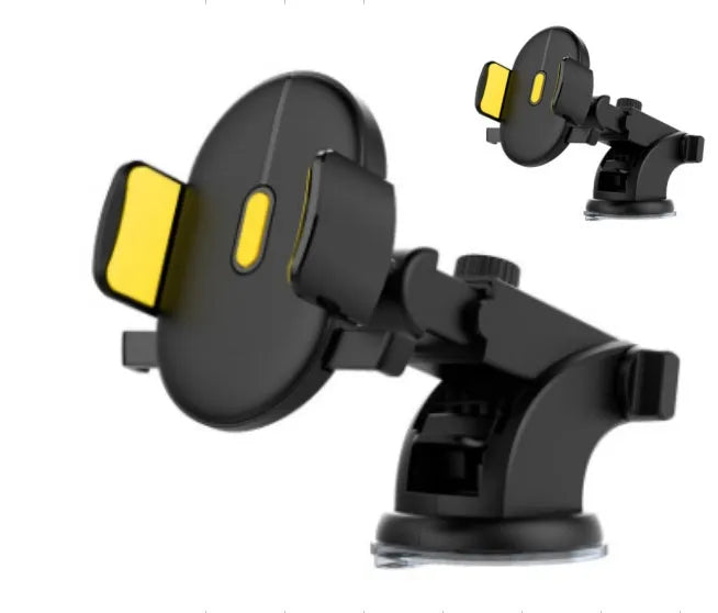 Yellow and black telescopic car phone holder with suction cup mounted on dashboard showing 360-degree rotation