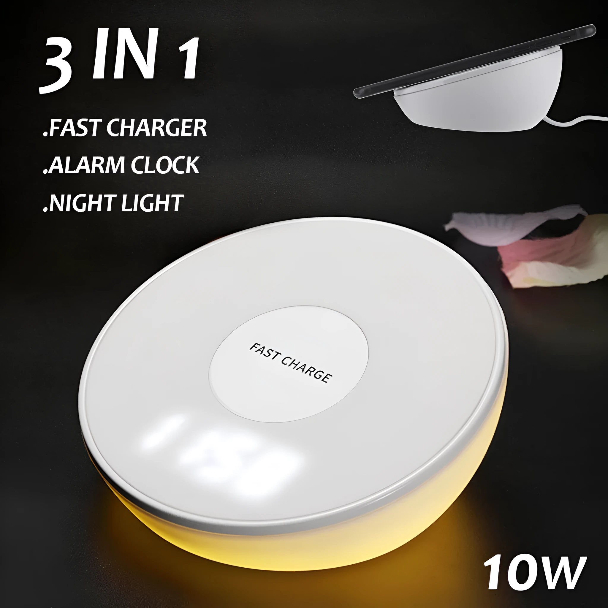 White wireless phone charger with digital clock display and three control buttons on the front.