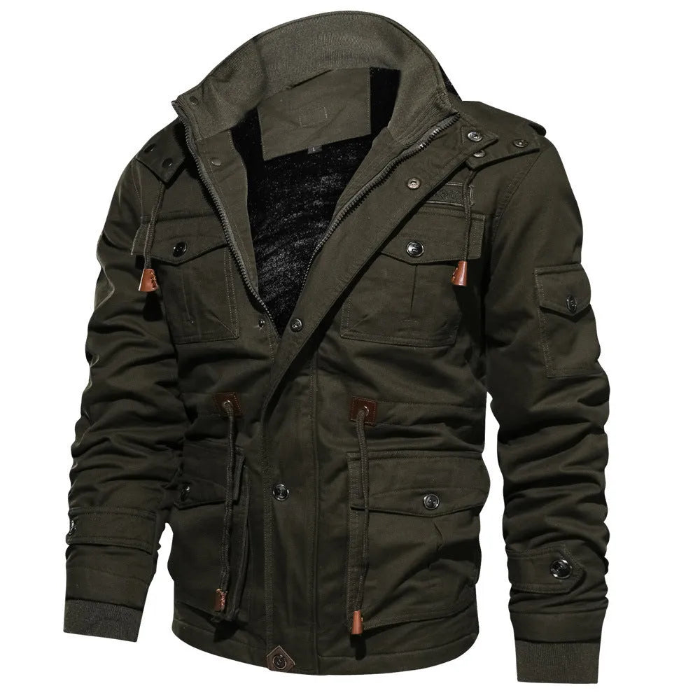 Mountainskin men's winter fleece jacket in army green with hood and full front zipper