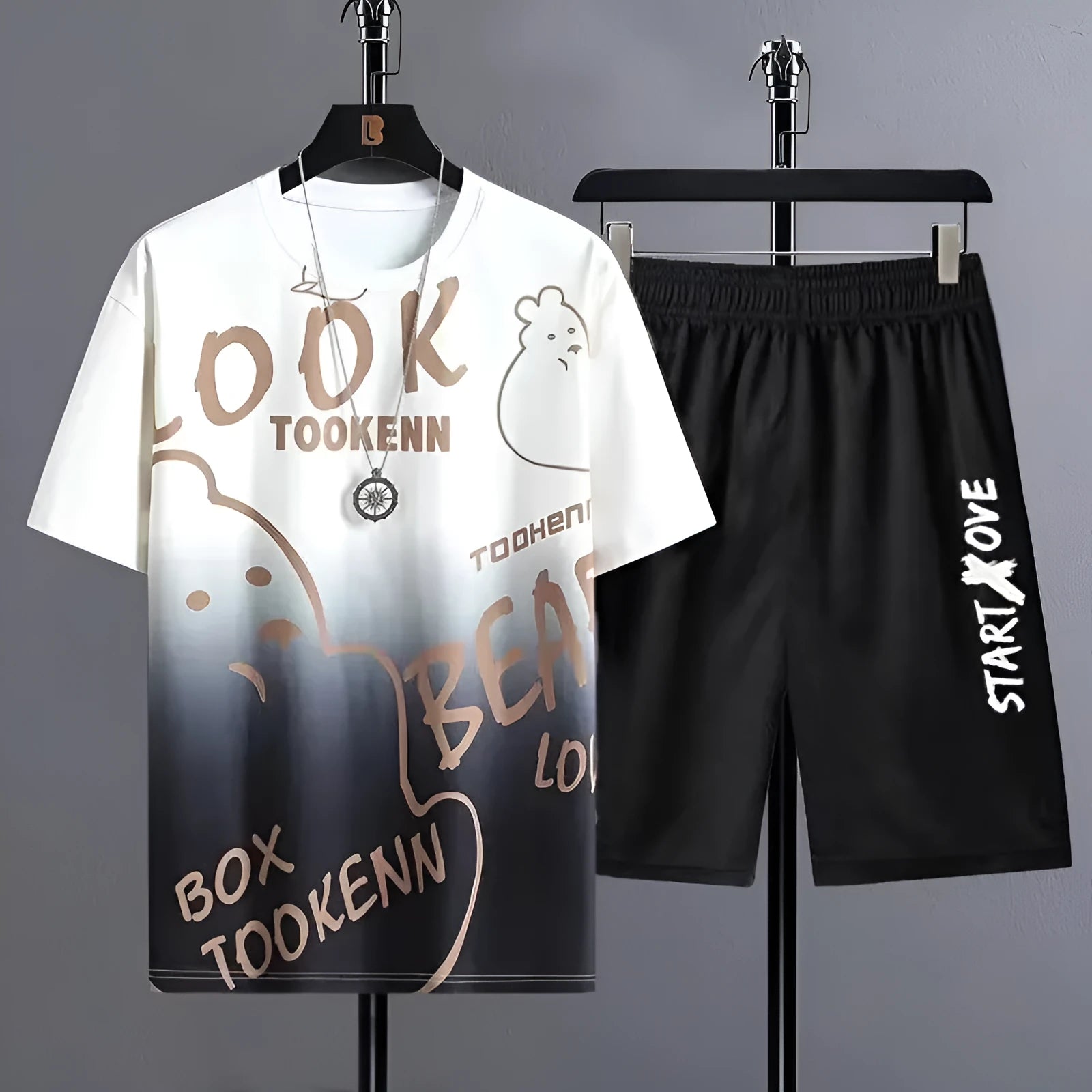Men's light grey summer suit consisting of a short-sleeved T-shirt and matching shorts on a hanger