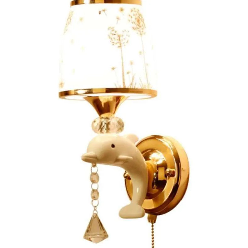 European style glass wall lamp with a fabric cable switch, shown in a bedroom setting.