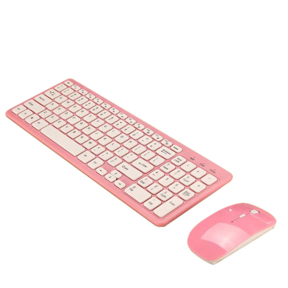Black wireless keyboard and mouse set with USB receiver on a wooden desk