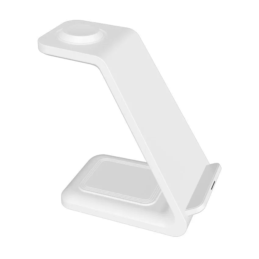 White 3-in-1 wireless charger phone stand with upright design and dual coil charging surface