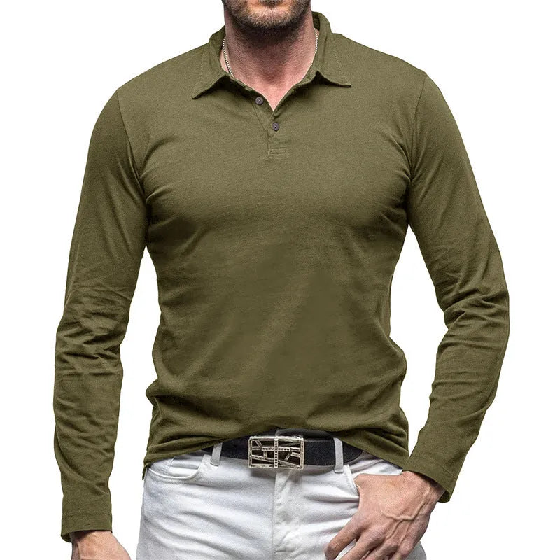 Men's dark grey cotton polo collar long sleeve T-shirt laid flat, American retro style.